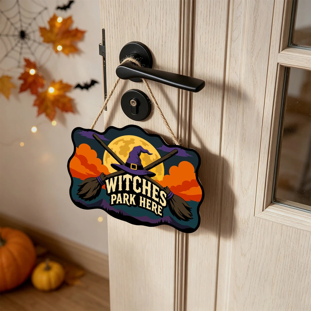 Paint by Numbers - Wooden Door Hanger | Witches Park Here Crossed Brooms