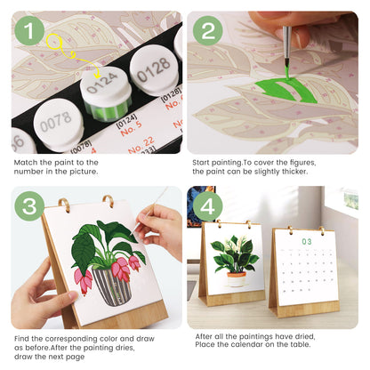 A four-step instructional collage showing how to paint and assemble a small calendar. Step 1 shows paint tubes and numbered paint swatches; Step 2 shows a hand painting a green leaf on a printed canvas; Step 3 shows hands completing a plant illustration on a wooden calendar; Step 4 shows the finished wooden calendar standing on a table.