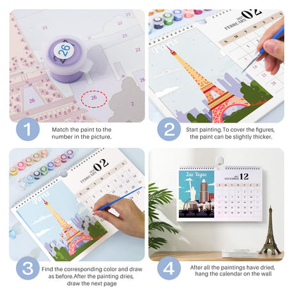 Four-panel instruction graphic showing how to use a calendar painting kit: match the paint color to the number, start painting to cover the Eiffel Tower figures, find the corresponding color and draw the next page, and finally hang the completed calendar on a wall.