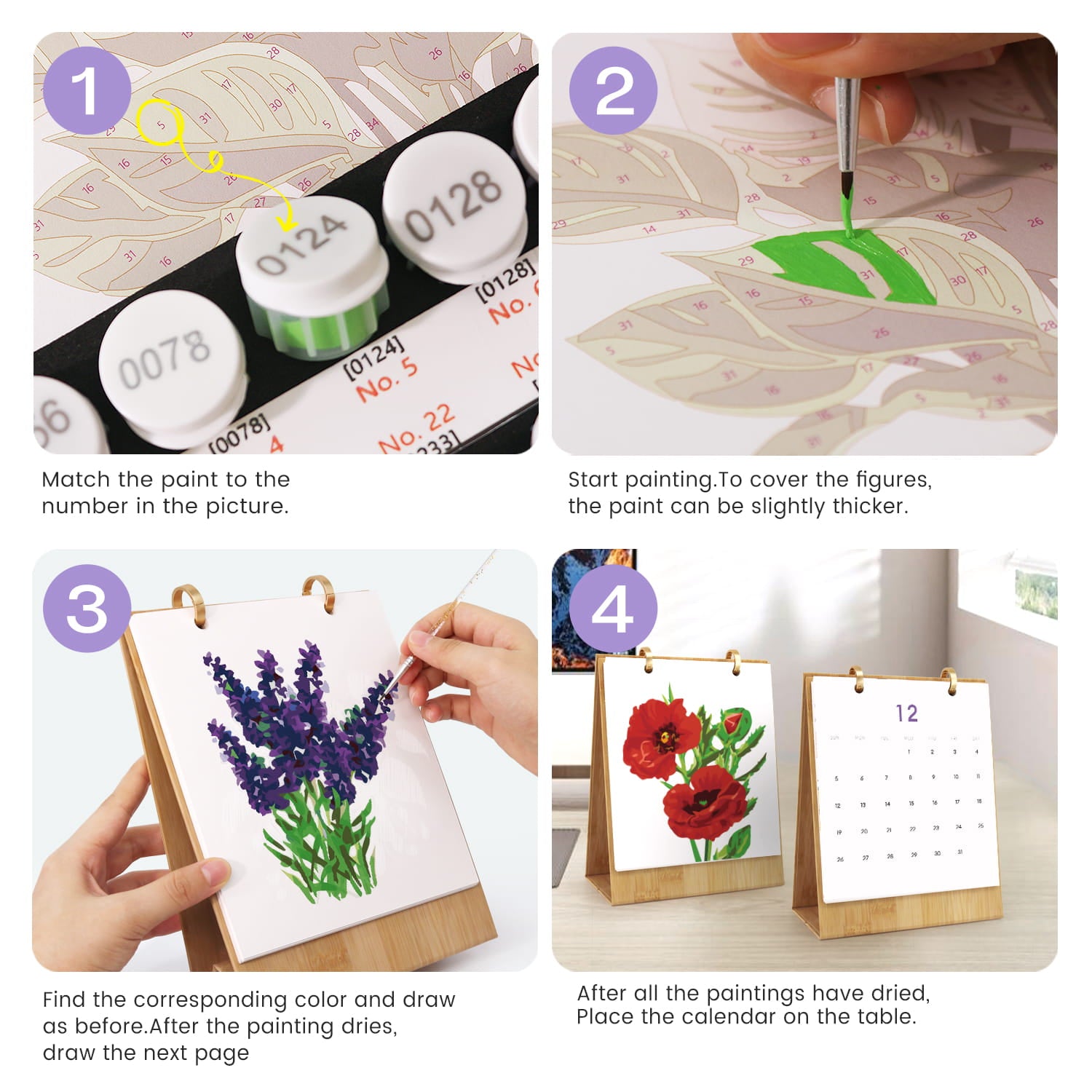 A four-panel instructional collage showing steps for a paint-by-numbers art activity. Step 1 shows paint tubes and numbered paint sections.