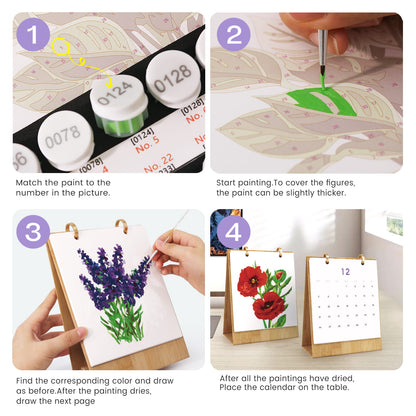 A four-panel instructional collage showing steps for a paint-by-numbers art activity. Step 1 shows paint tubes and numbered paint sections.