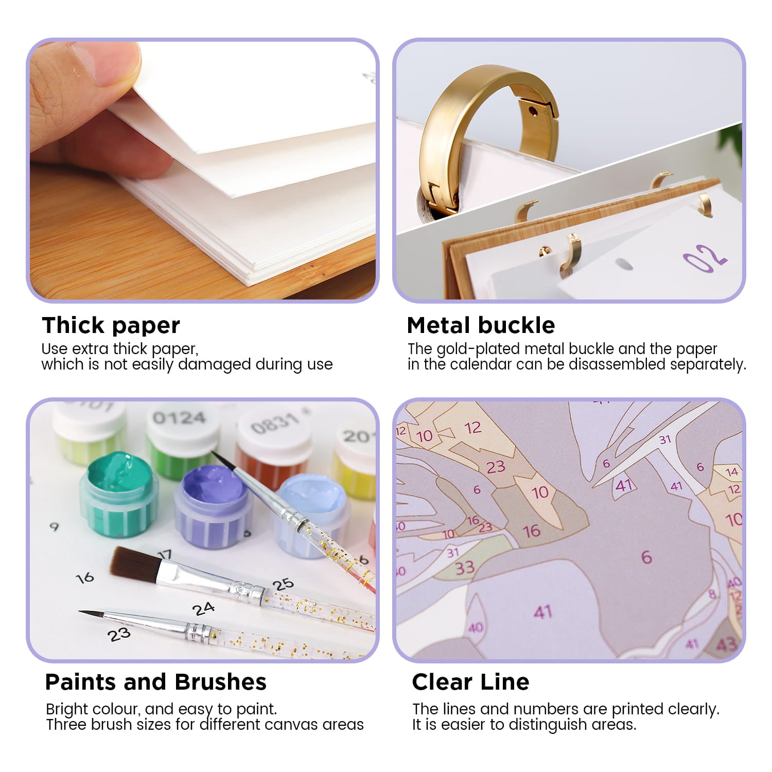 Calendar with thick paper, metal buckle, paints, brushes, and clear lines.