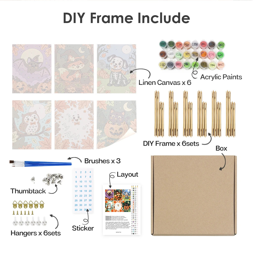 Paint by Numbers – 6 Mini Paintings | Autumn Leaves Halloween Pets Set