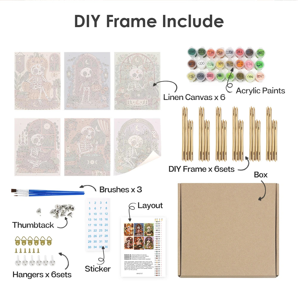 Paint by Numbers – 6 Mini Paintings | Boho Skeleton Witchcraft Set