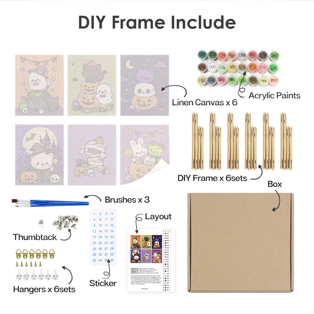 Paint by Numbers – 6 Mini Paintings | Cute Pastel Halloween Friends Set