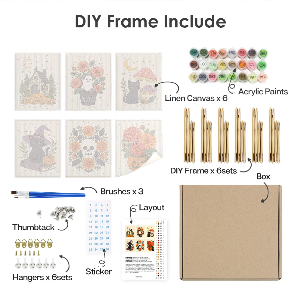 
Paint by Numbers – 6 Mini Paintings | Floral Halloween Cats and Pumpkins Set