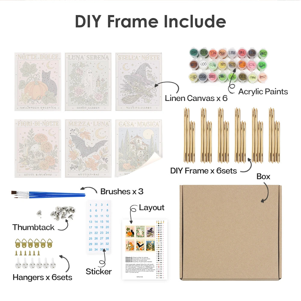 Paint by Numbers – 6 Mini Paintings | Italian Botanical Halloween Posters Set