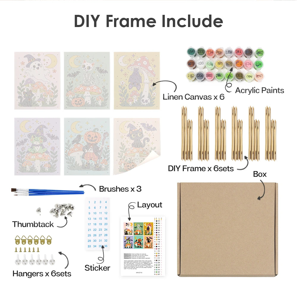 Paint by Numbers – 6 Mini Paintings | Mushroom Garden Halloween Friends Set