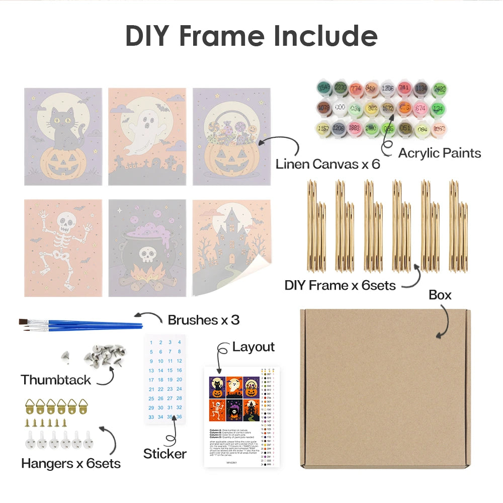 
Paint by Numbers – 6 Mini Paintings | Orange and Purple Halloween Night Set