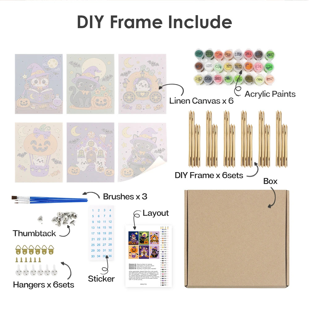 
Paint by Numbers – 6 Mini Paintings | Owl Witch and Pumpkin Carriage Set