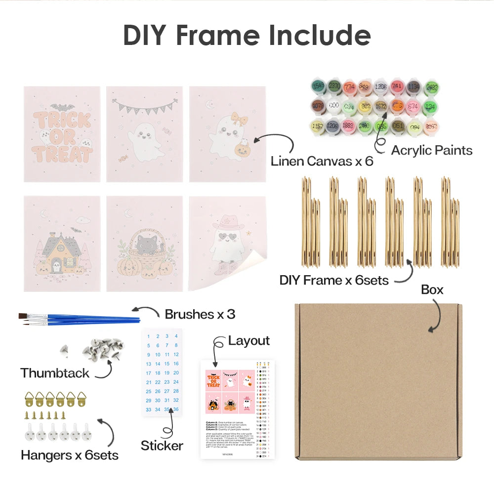 
Paint by Numbers – 6 Mini Paintings | Pink Trick or Treat Ghosts Set