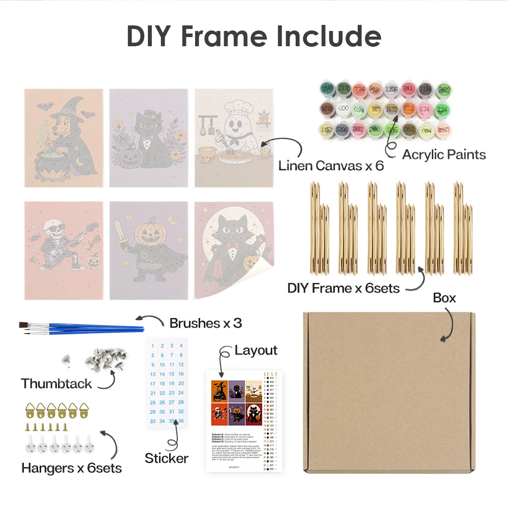 Paint by Numbers – 6 Mini Paintings | Retro Halloween Characters Set