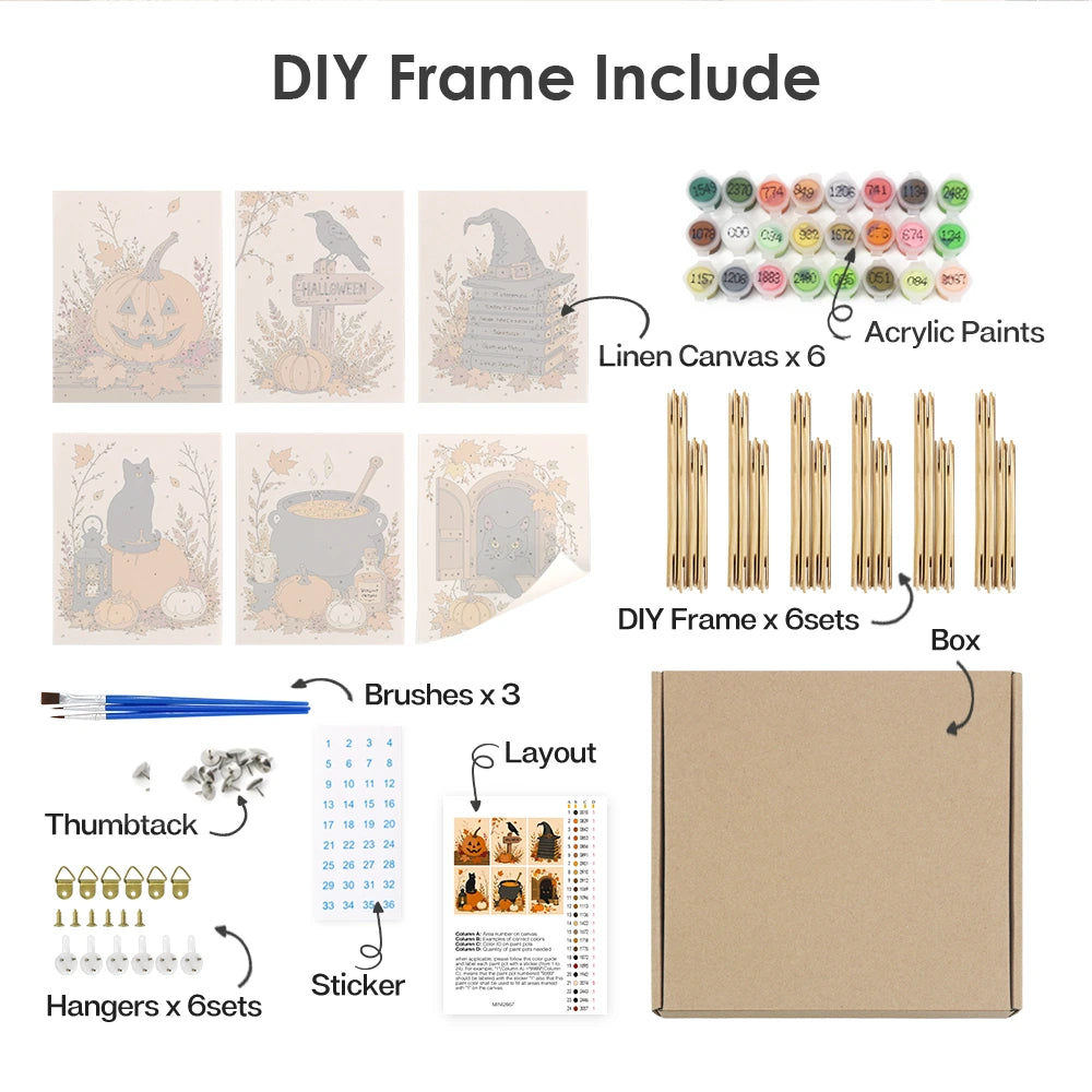 Paint by Numbers – 6 Mini Paintings | Rustic Autumn Halloween Set