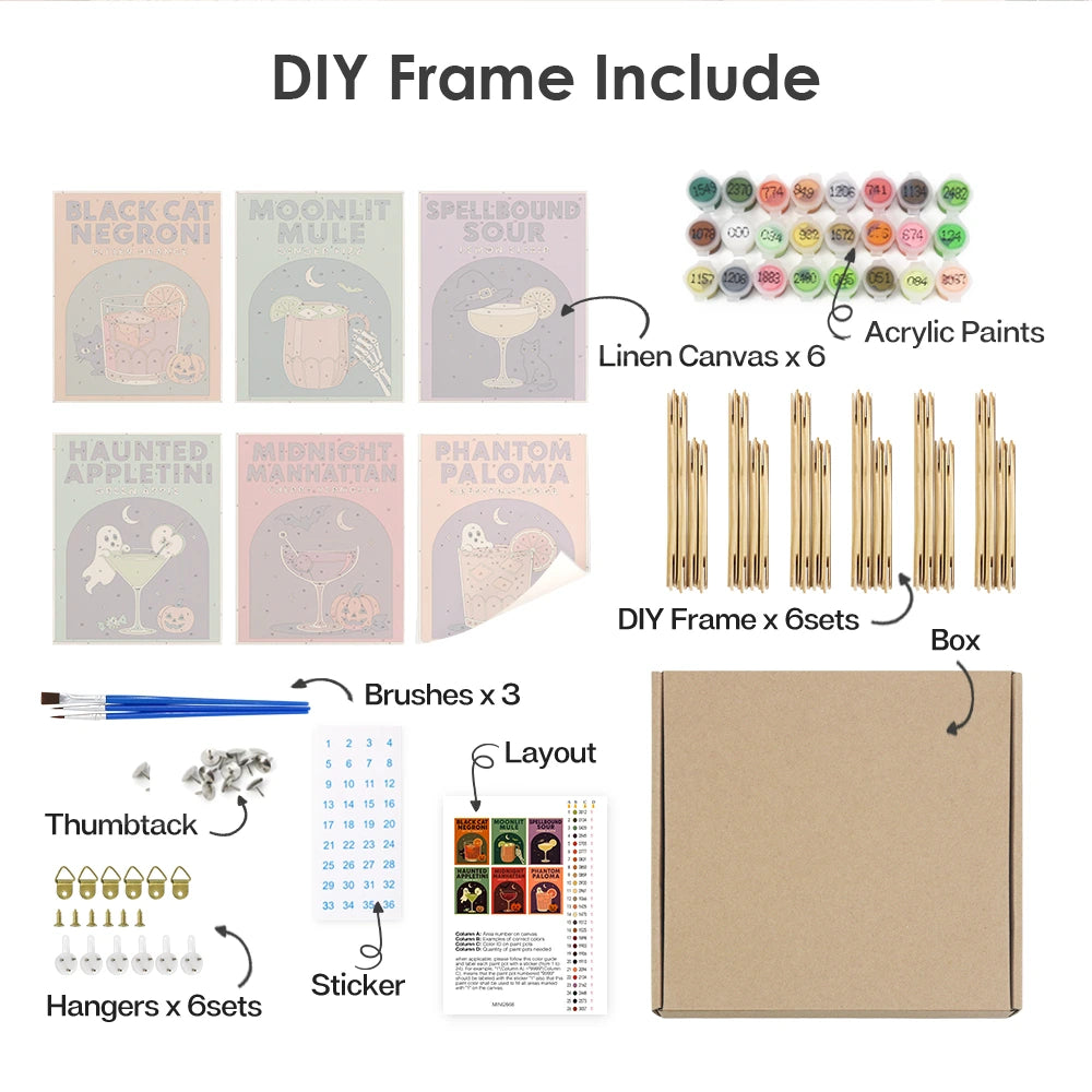Paint by Numbers – 6 Mini Paintings | Spooky Cocktail Posters Set