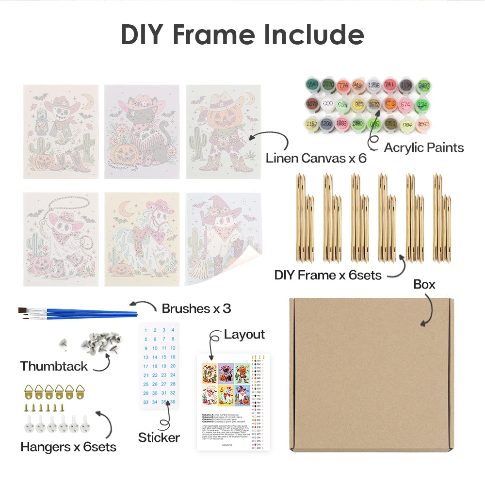 
Paint by Numbers – 6 Mini Paintings | Western Halloween Cowgirls Set
