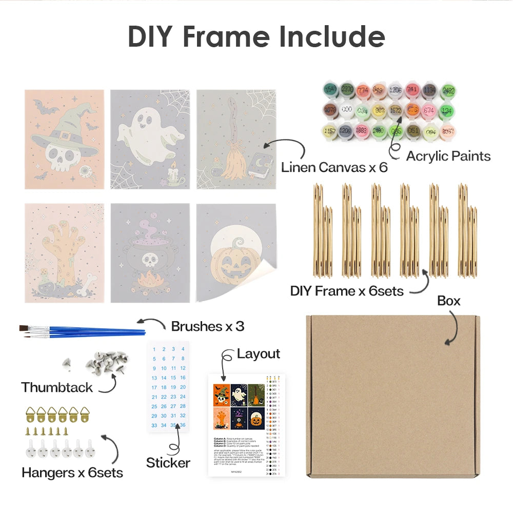Paint by Numbers – 6 Mini Paintings | Witch Hat Skull and Broomstick Set