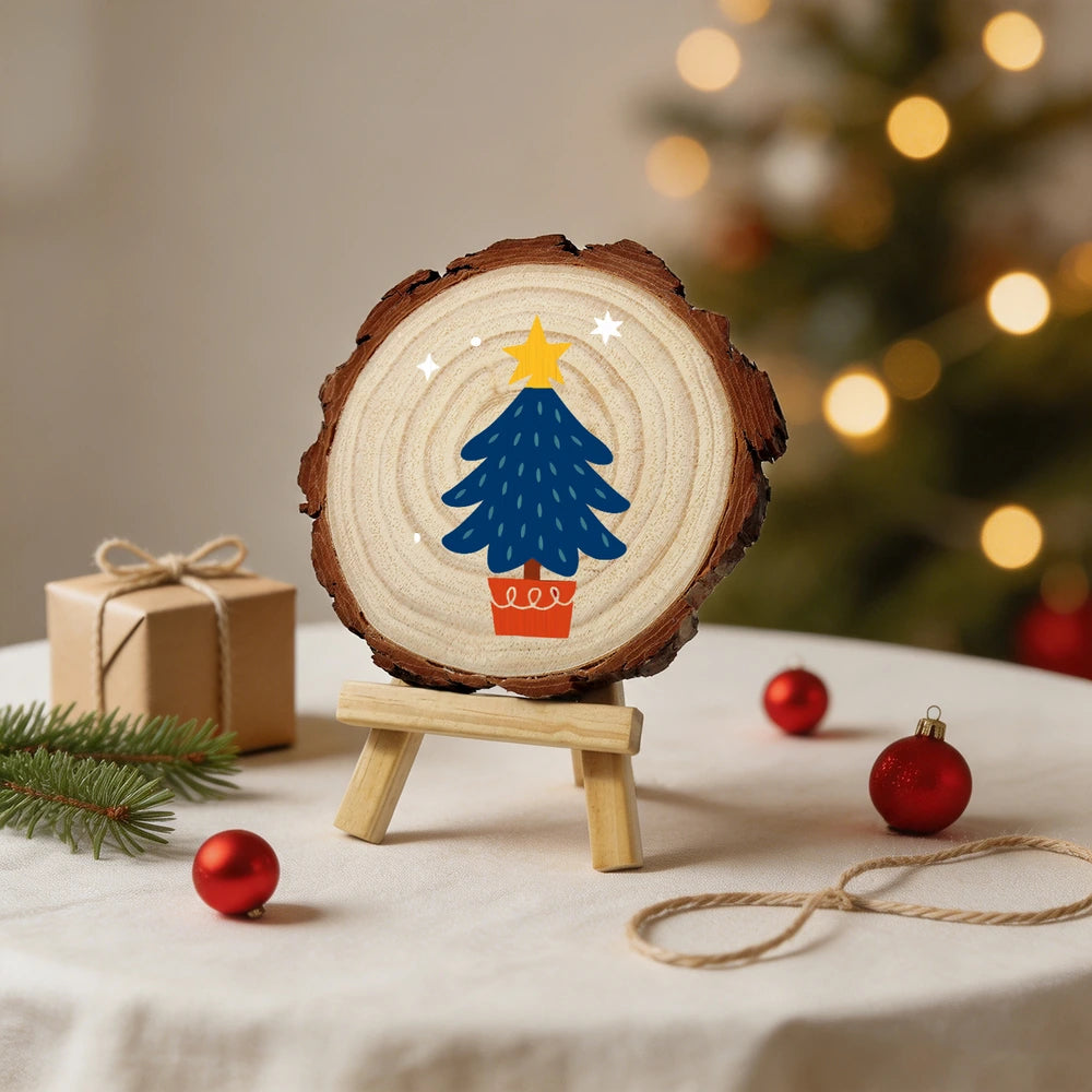 
Paint by Numbers - Wood Slice | Blue Tree in a Pot