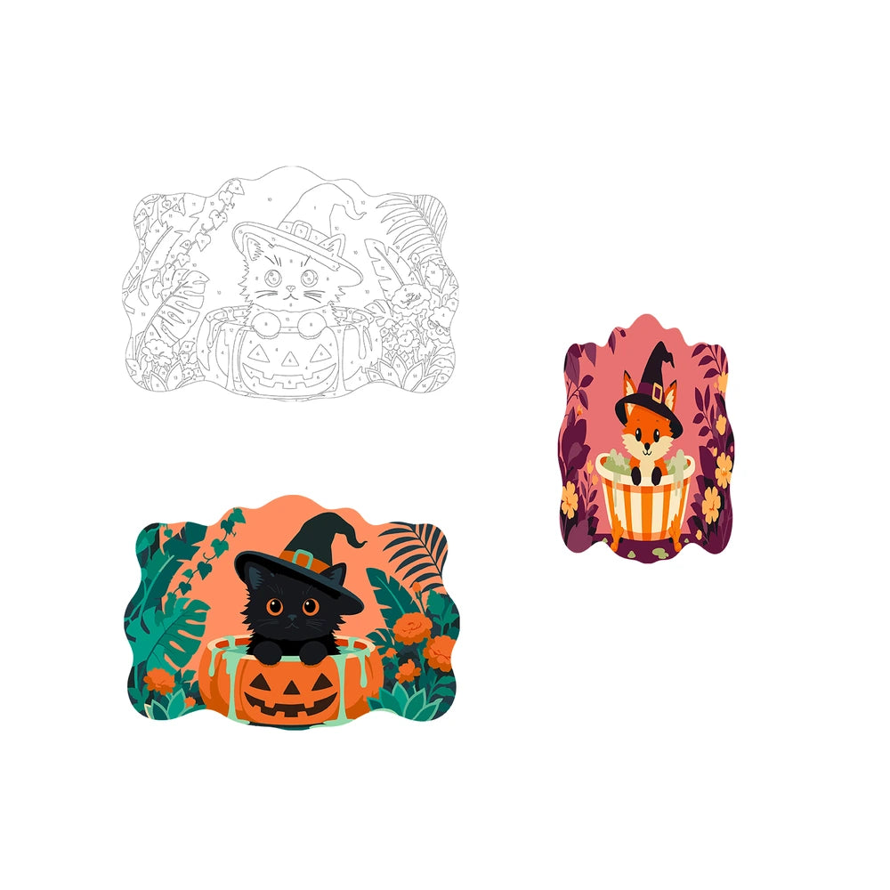 Paint by Numbers - Wooden Door Hanger | Black Cat Witch in a Pumpkin Tub
