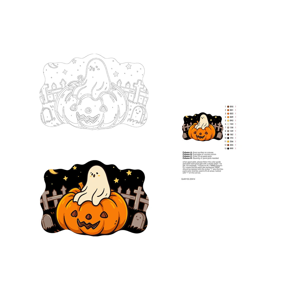 Paint by Numbers - Wooden Door Hanger | Ghost on a Jack-o'-Lantern in the Graveyard