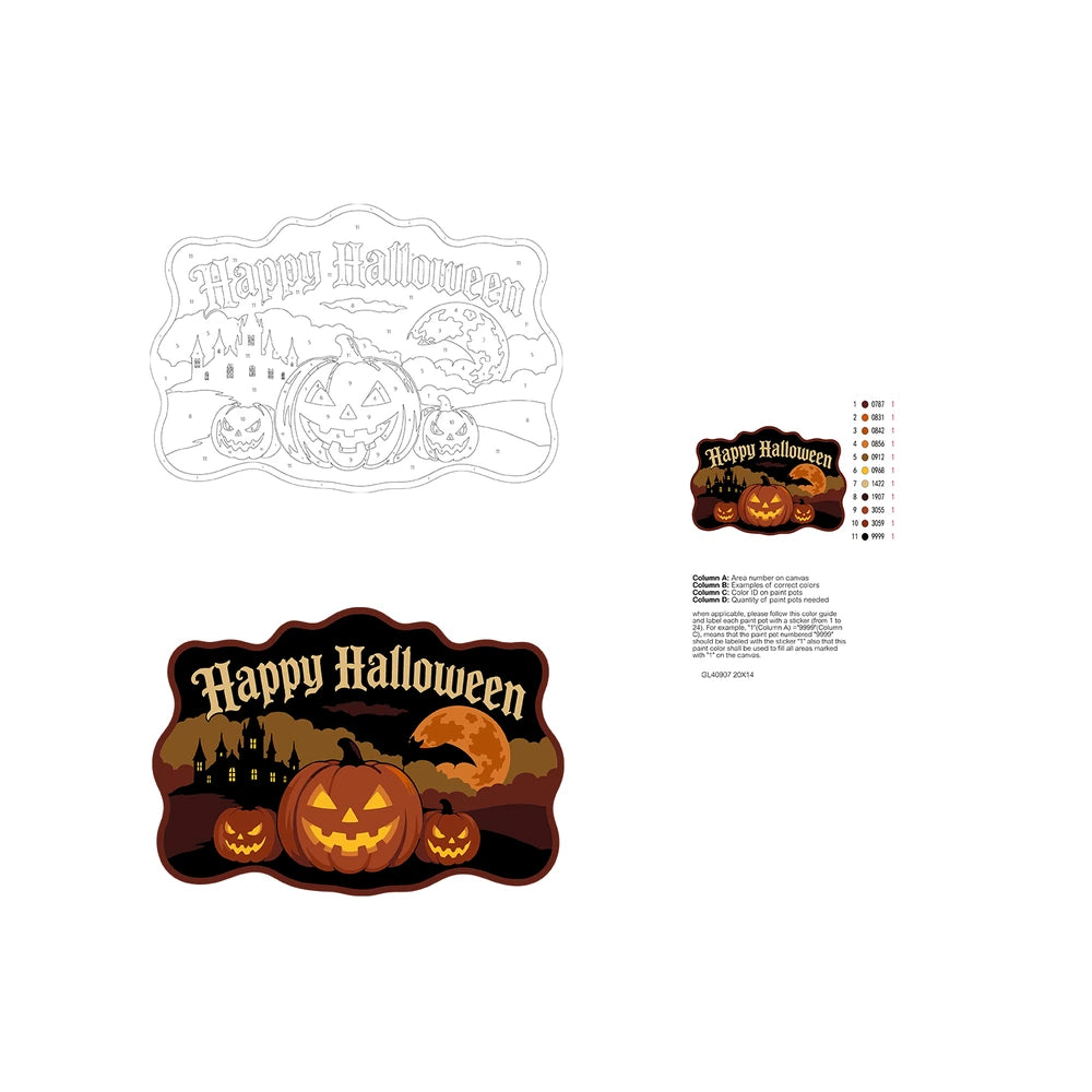 Paint by Numbers - Wooden Door Hanger | Happy Halloween Pumpkins and Castle