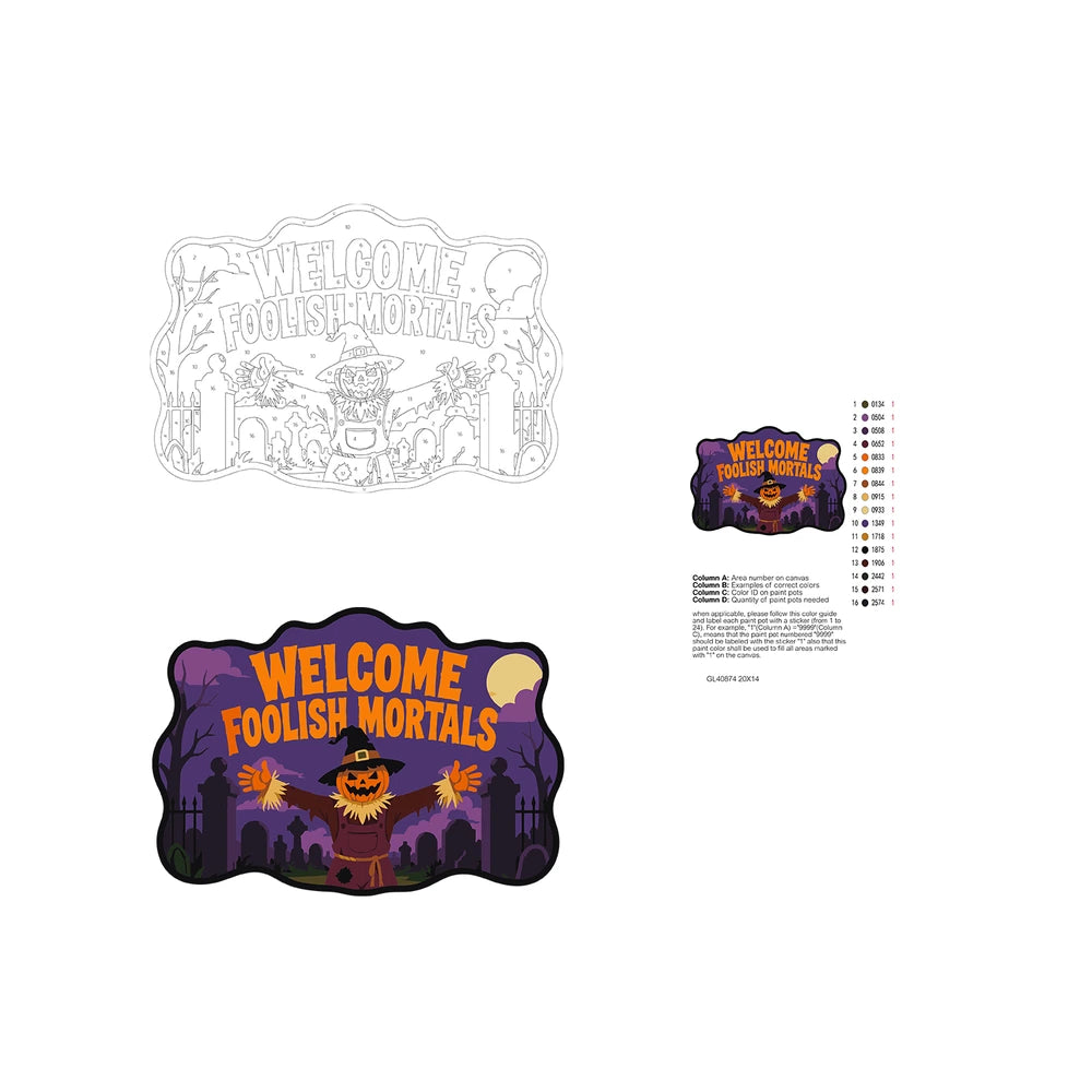 Paint by Numbers - Wooden Door Hanger | Welcome Foolish Mortals Pumpkin Scarecrow