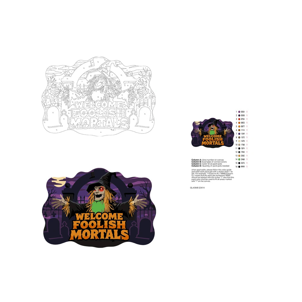 Paint by Numbers - Wooden Door Hanger | Welcome Foolish Mortals Scarecrow