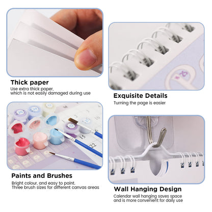 Product features including thick paper, exquisite details, paints and brushes, and wall hanging design.