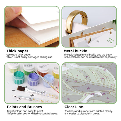 Four-panel product feature collage for a canvas painting calendar. The top-left panel shows a hand holding thick white paper, labeled 'Thick paper.