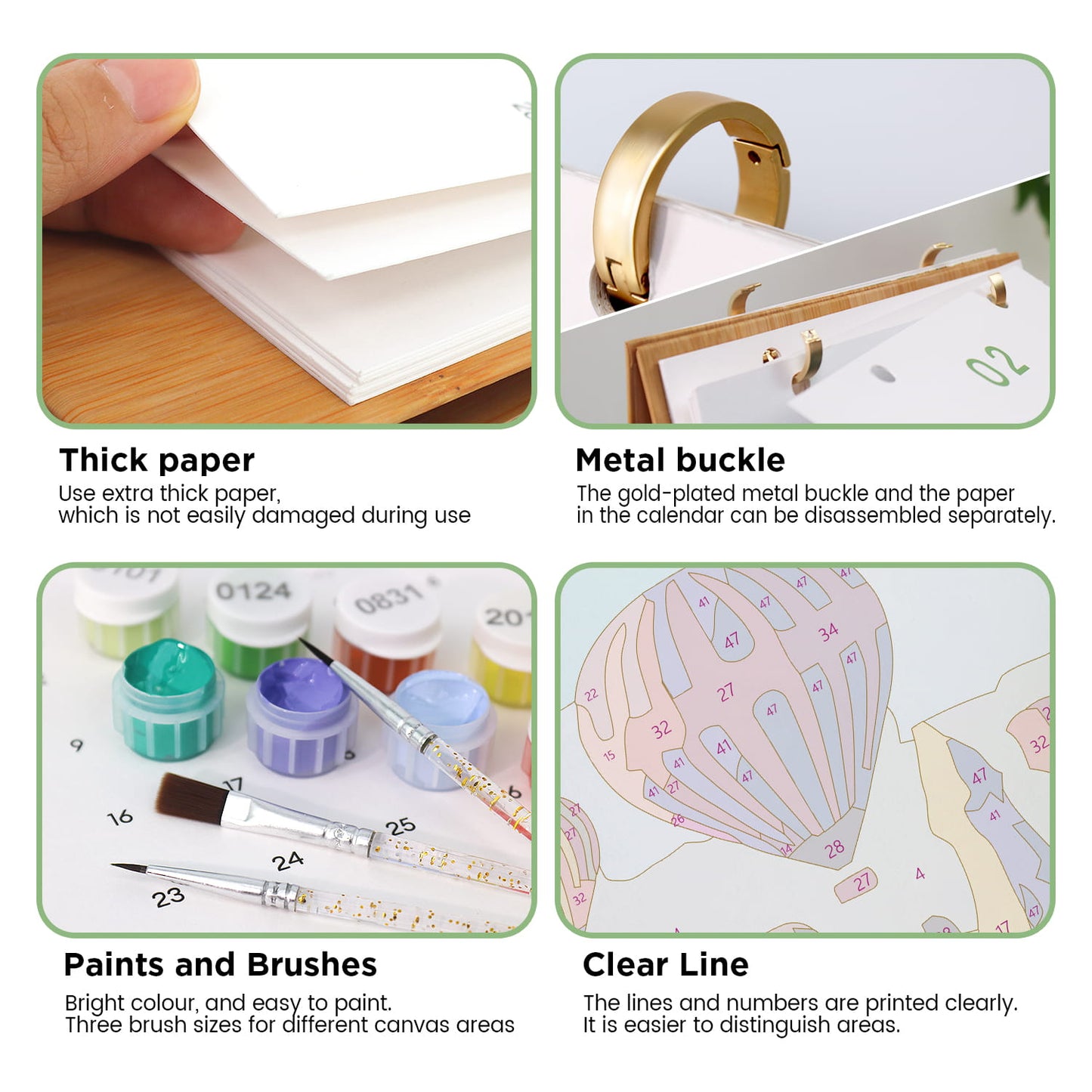 Four-panel product feature graphic for a canvas painting calendar. The panels show a hand holding thick white paper, a gold-tone metal ring buckle holding the pages, paint pots and brushes on a palette, and a colorful painted hot air balloon with printed numbers and lines.