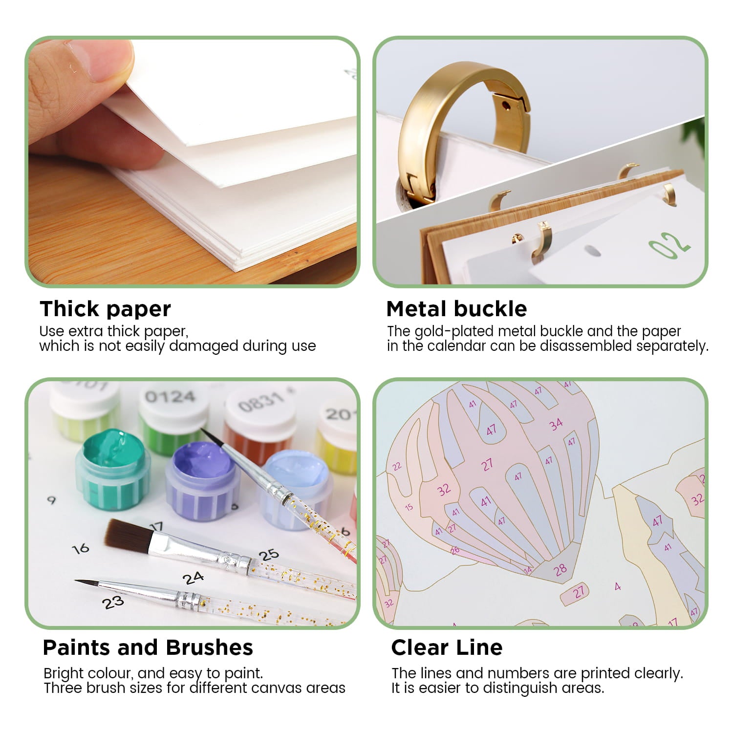 Four-panel product feature graphic for a canvas painting calendar. The panels show a hand holding thick white paper, a gold-tone metal ring buckle holding the pages, paint pots and brushes on a palette, and a colorful painted hot air balloon with printed numbers and lines.