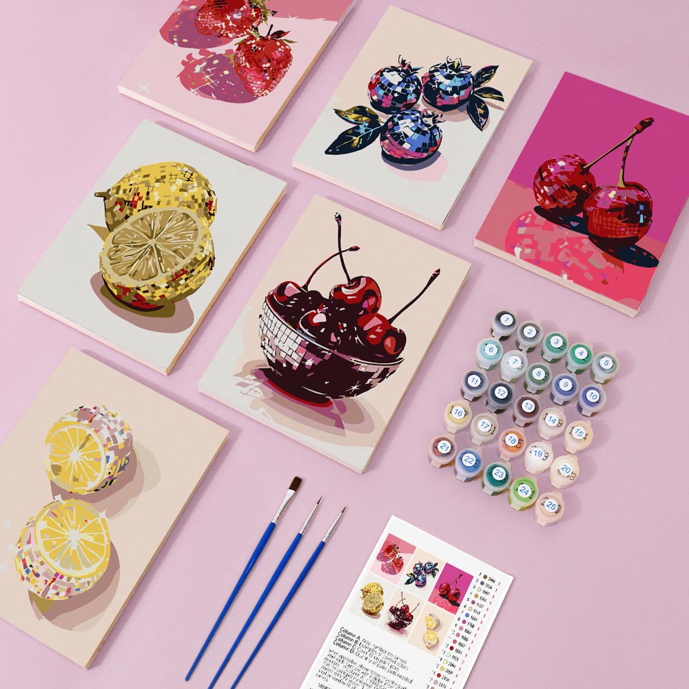 
Paint by Numbers – 6 Mini Paintings | Disco Fruit Pop Art Set