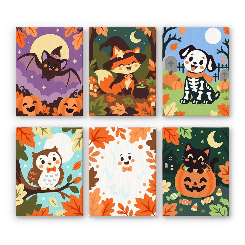 Paint by Numbers – 6 Mini Paintings | Autumn Leaves Halloween Pets Set