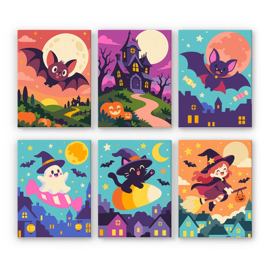 Paint by Numbers – 6 Mini Paintings | Bats Over the Pumpkin Town Set