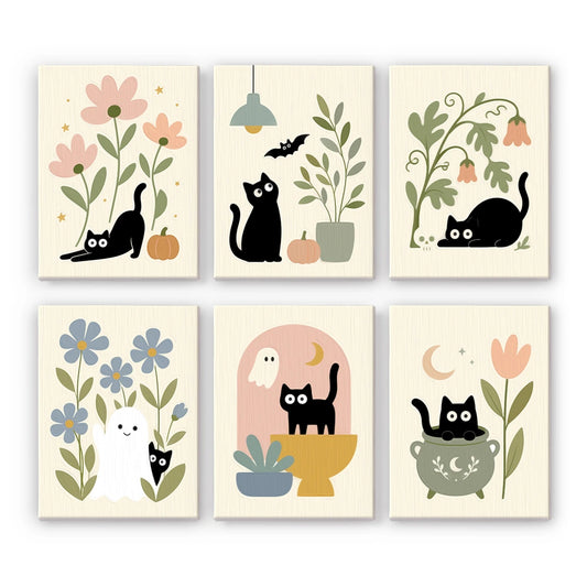 Paint by Numbers – 6 Mini Paintings | Black Cats Among Wildflowers Set