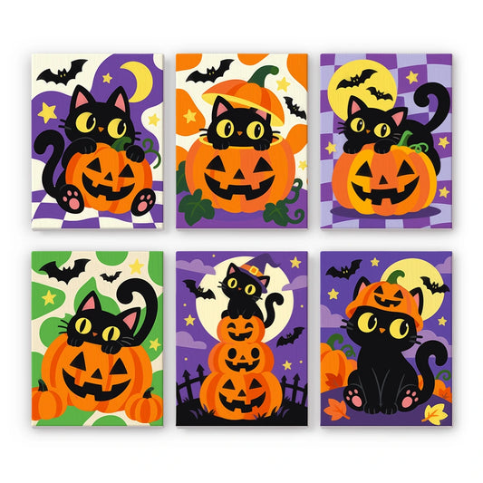Paint by Numbers – 6 Mini Paintings | Black Cats on Jack-o'-Lanterns Set