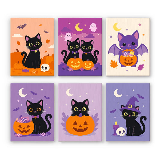 Paint by Numbers – 6 Mini Paintings | Black Cats with Jack-o'-Lanterns Set