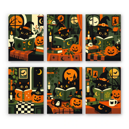 Paint by Numbers – 6 Mini Paintings | Black Cats with Spell Books Set