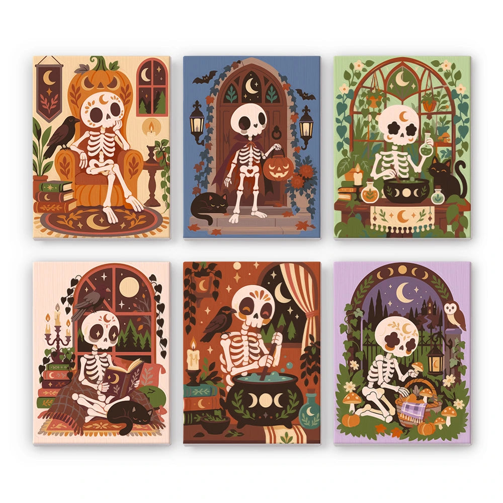 Paint by Numbers – 6 Mini Paintings | Boho Skeleton Witchcraft Set