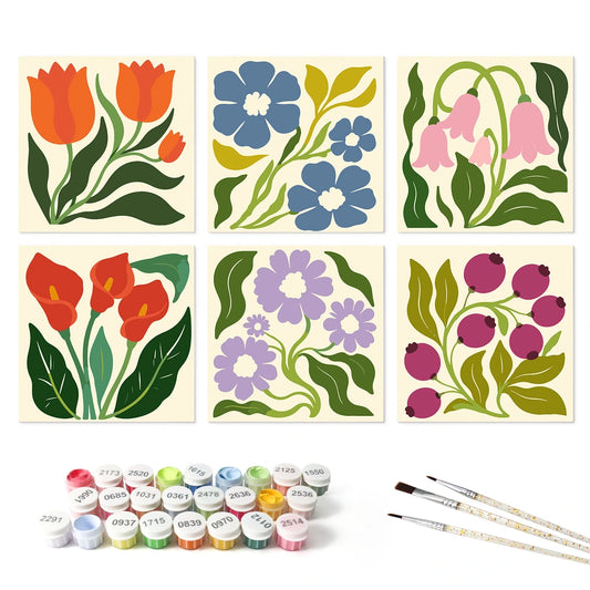 Paint by Numbers – 6 Mini Paintings | Bold Garden Blooms (Square)