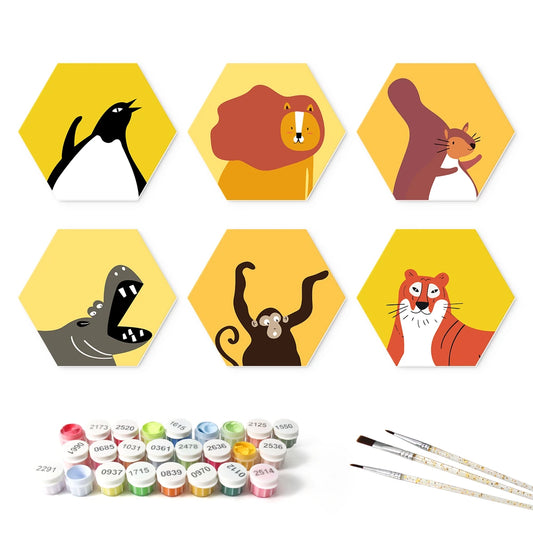 Paint by Numbers – 6 Mini Paintings | Bold Wildlife Portraits (Hexagon)