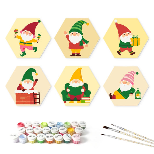Paint by Numbers – 6 Mini Paintings | Busy Christmas Gnomes (Hexagon)