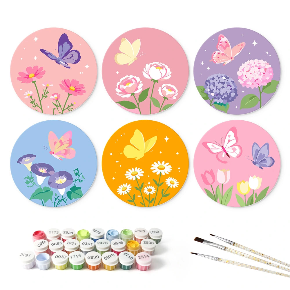 
Paint by Numbers – 6 Mini Paintings | Butterflies and Blossoms (Round)