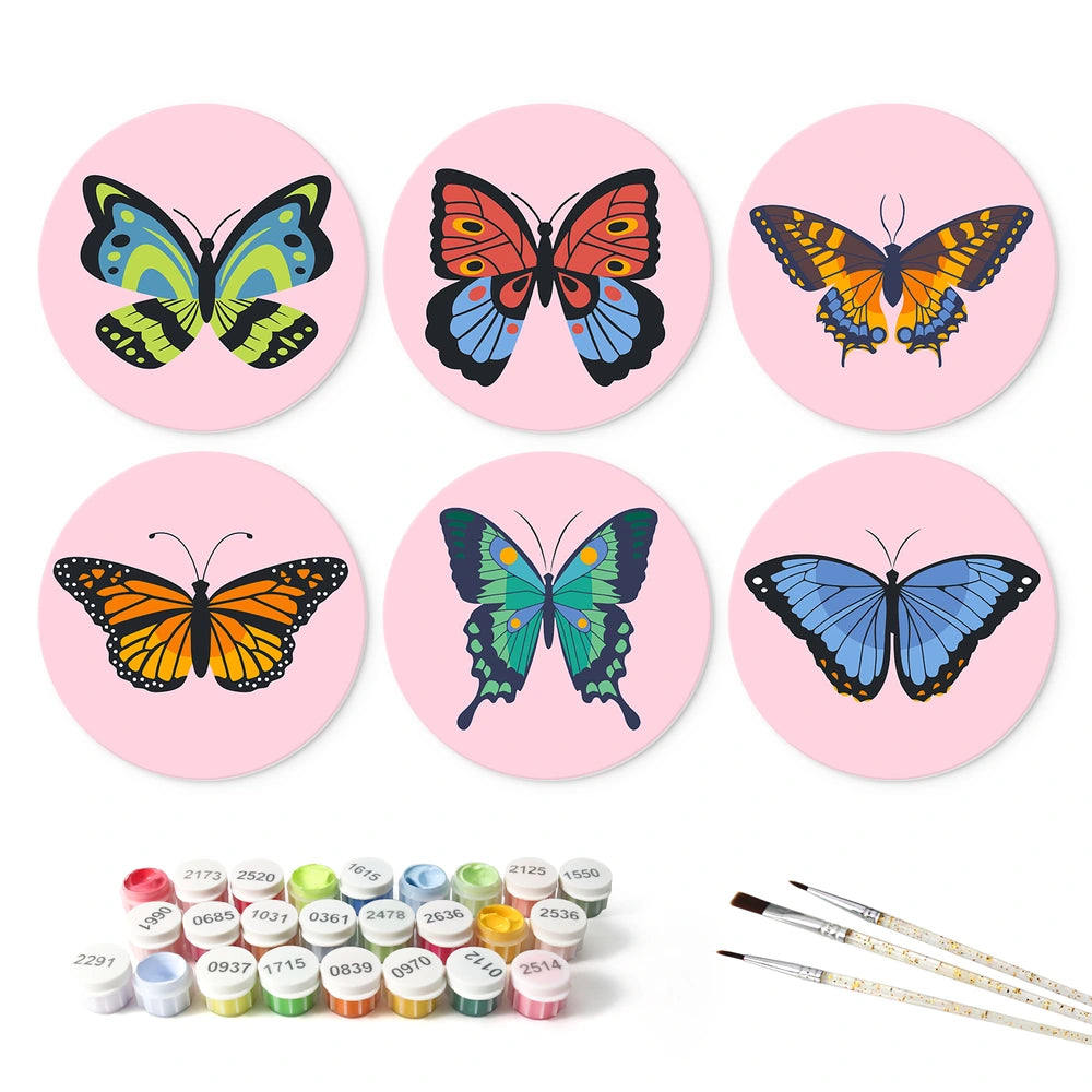 
Paint by Numbers – 6 Mini Paintings | Butterfly Beauties on Pink (Round)