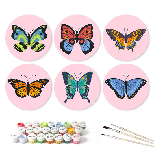 Paint by Numbers – 6 Mini Paintings | Butterfly Beauties on Pink (Round)
