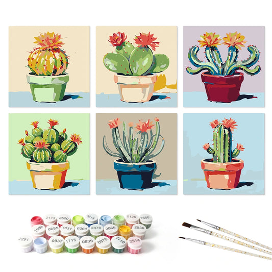 Paint by Numbers – 6 Mini Paintings | Cactus Pot Paintings (Square)