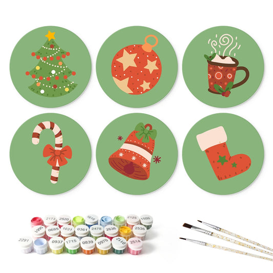 Paint by Numbers – 6 Mini Paintings | Christmas Classics on Green (Round)