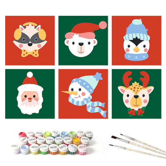 Paint by Numbers – 6 Mini Paintings | Christmas Faces Red and Green (Square)