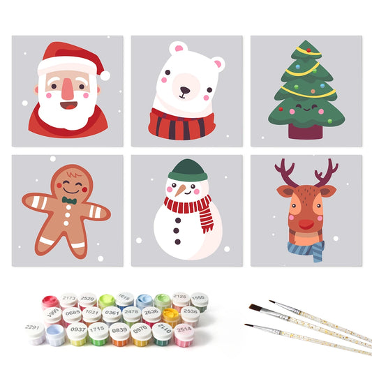 Paint by Numbers – 6 Mini Paintings | Christmas Faces on Grey (Square)