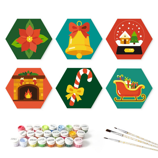 Paint by Numbers – 6 Mini Paintings | Christmas Fireplace Icons (Hexagon)