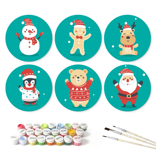 Paint by Numbers – 6 Mini Paintings | Christmas Friends on Teal (Round)
